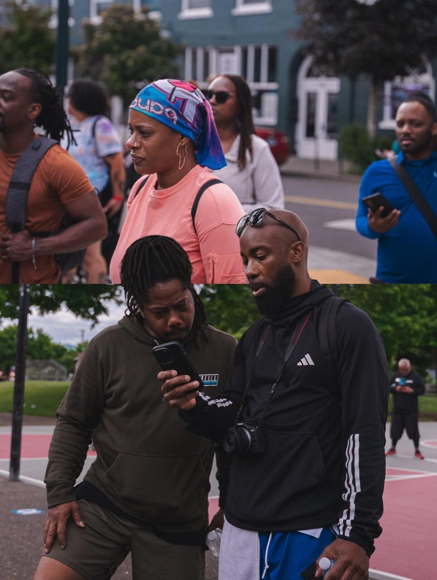 Walkers checking phone together