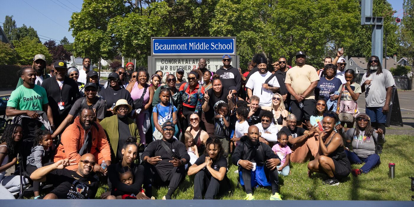 Large group photo outside Beaumont Middle School